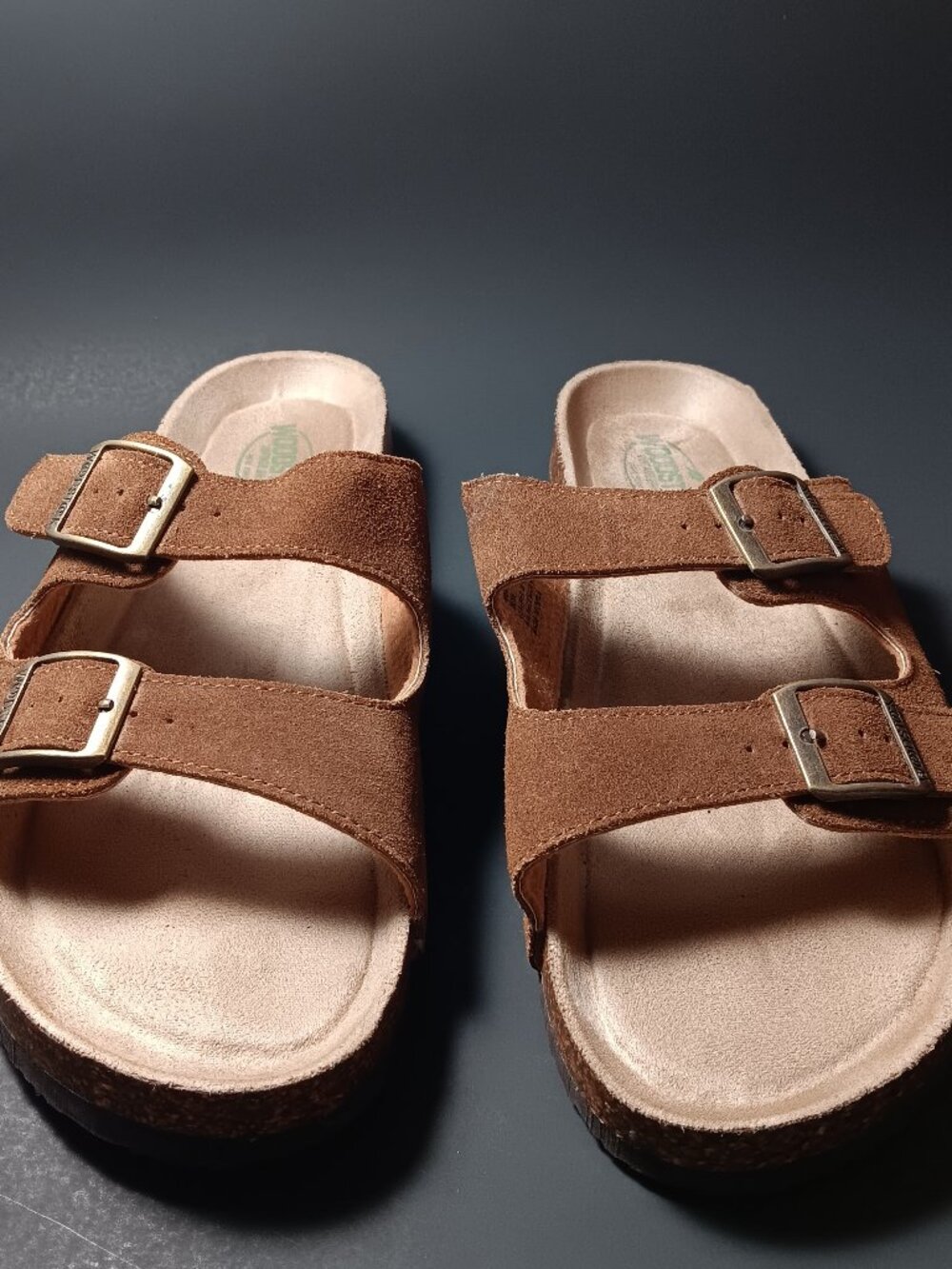 Woodstock brown suede cork footed buckle sandals size 11